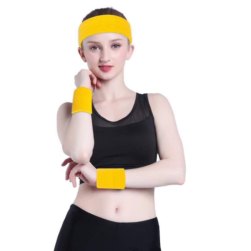 ONUPGO Yellow Sweatband Set Sports Headband Wrist Striped Sweatbands Terry Cloth Wristband Athletic Exercise Basketball Wrist Sweatband and Headbands Moisture Wicking Sweat Absorbing Head Band - Image 5